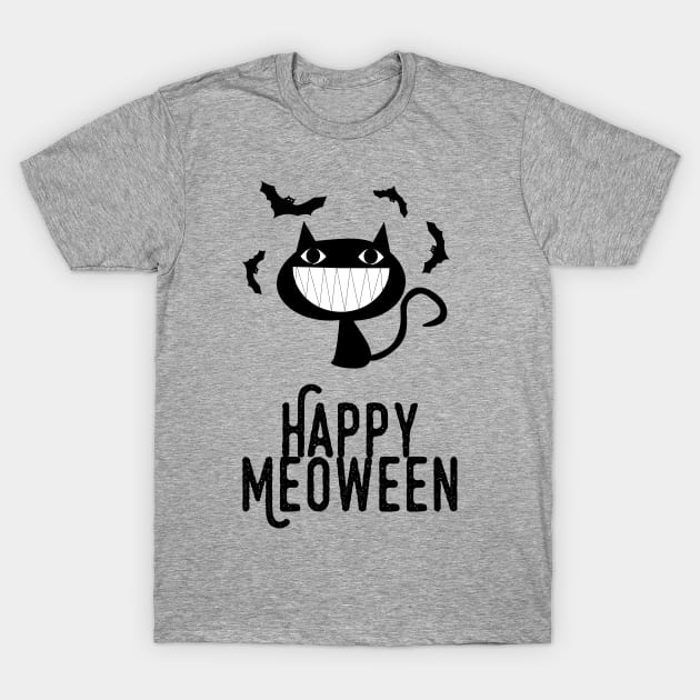 Meoween – Bats and Happy Black Cat T-Shirt by HighBrowDesigns